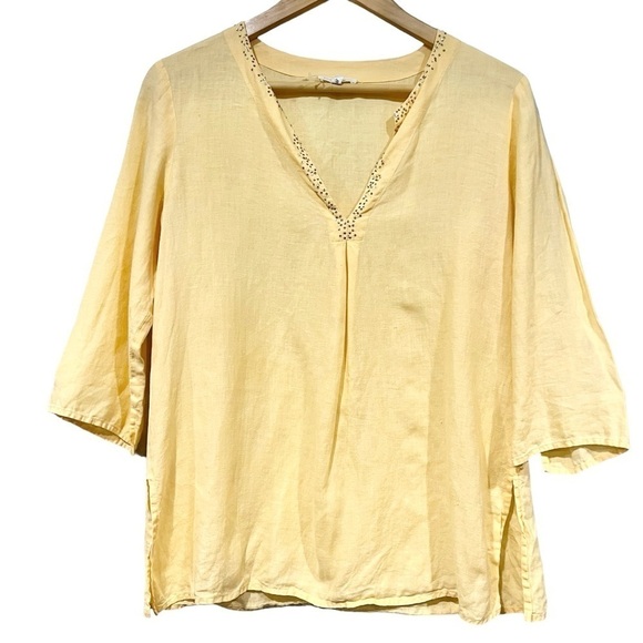 Eileen Fisher Size XS Irish Linen Yellow 3/4th Sleeve Top Sequin Neck Line Tunic - Picture 3 of 9
